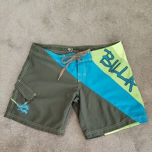 Billabong Green and Blue Board Shorts with Diagonal Color-Blocking